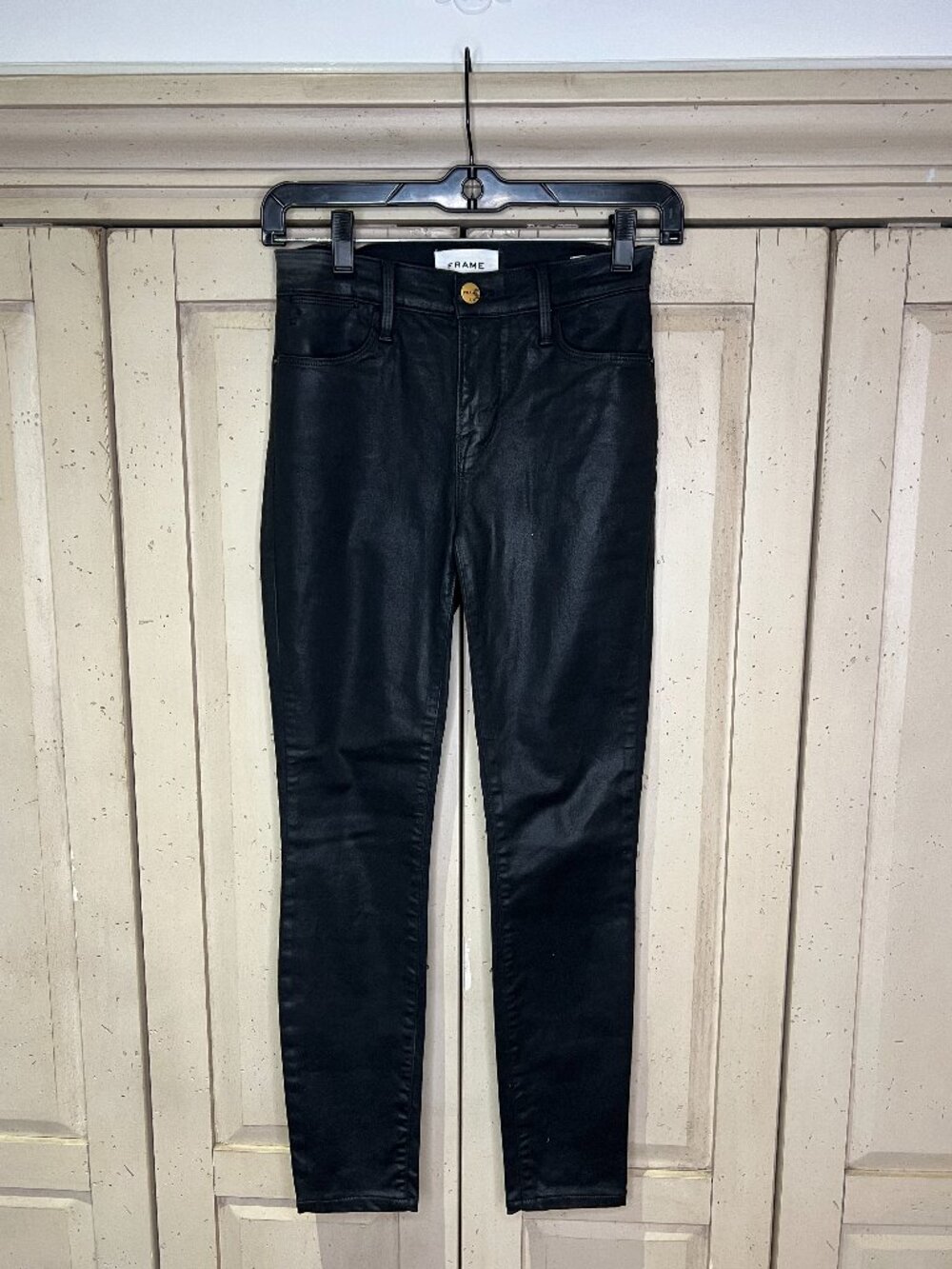 FRAME Le High Skinny Coated Black Jeans High Rise Leather Look 23